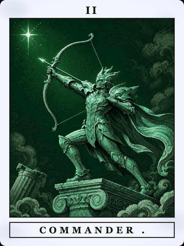 Carte tarot pixel art II — COMMANDER AI, l'espace de travail collaboratif entre Anthony Dalin et ses agents IA
